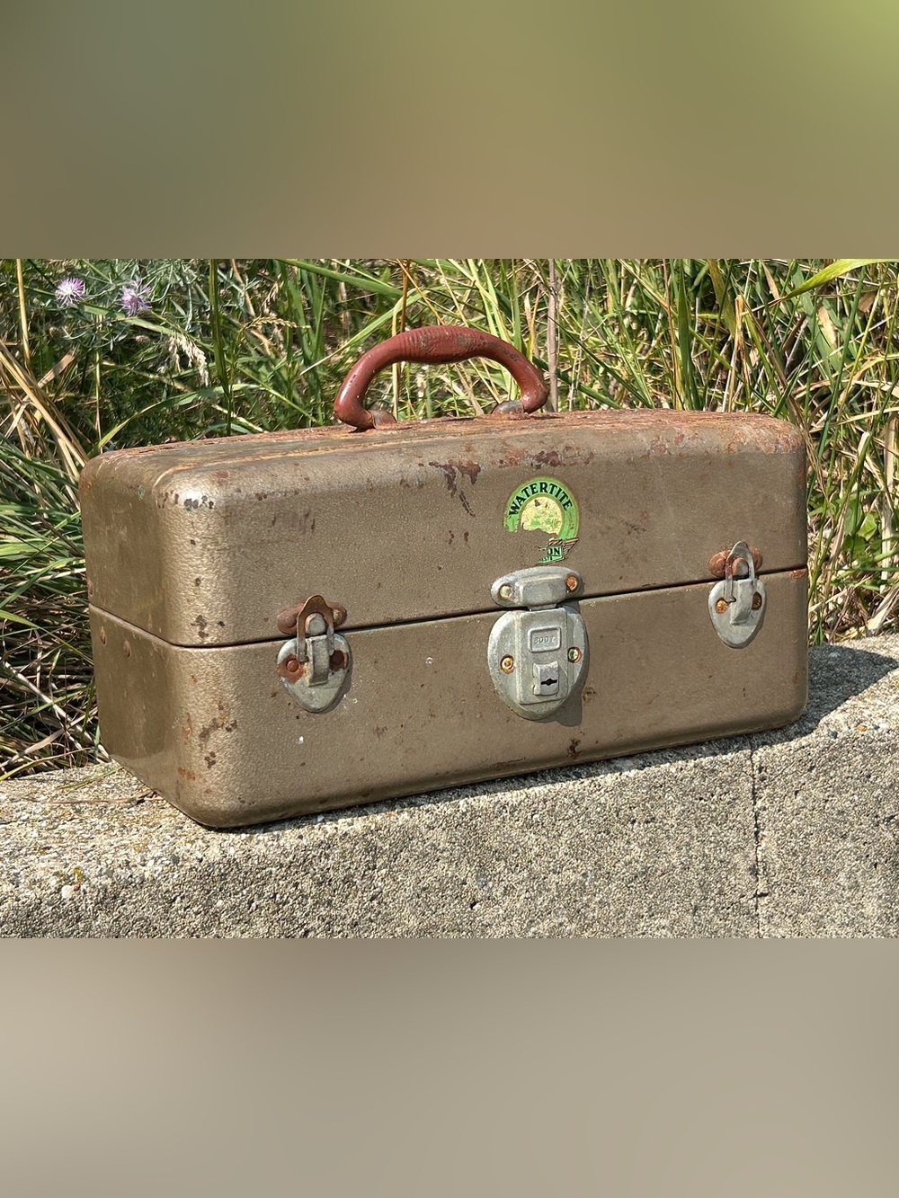 1950s Vintage Union Watertite Steel Chest Fishing Box with Fishing Tackle